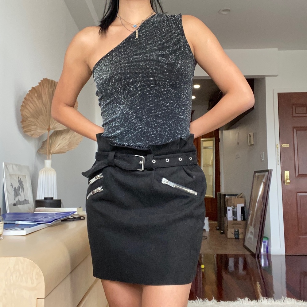 Silver glitter black asymmetrical tank top.
